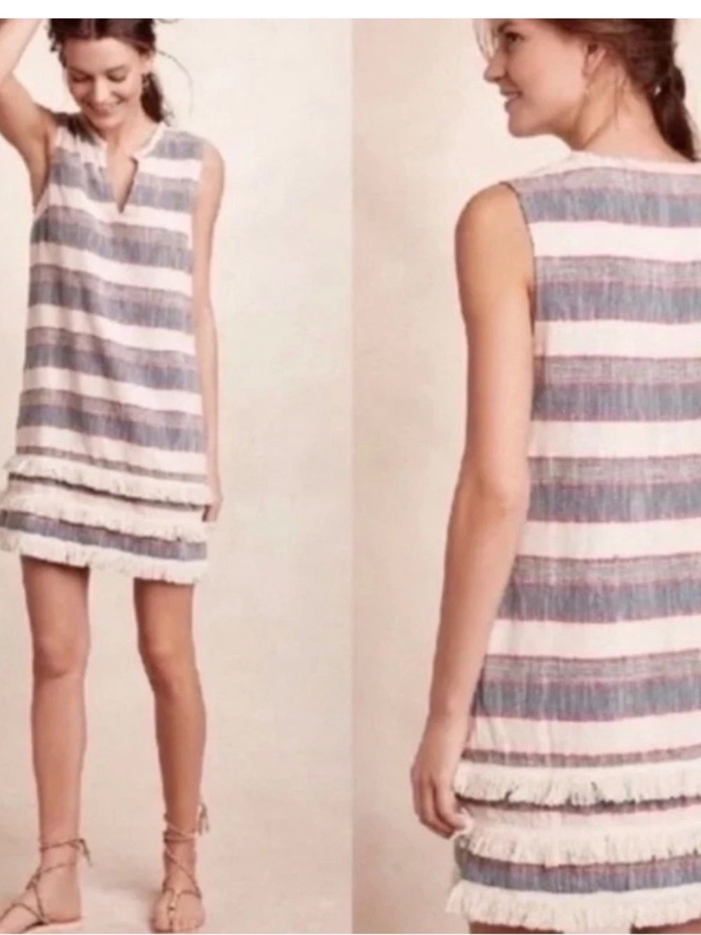 Chelsea & Theodore Red and Blue Striped Fringe Hem Cotton Dress